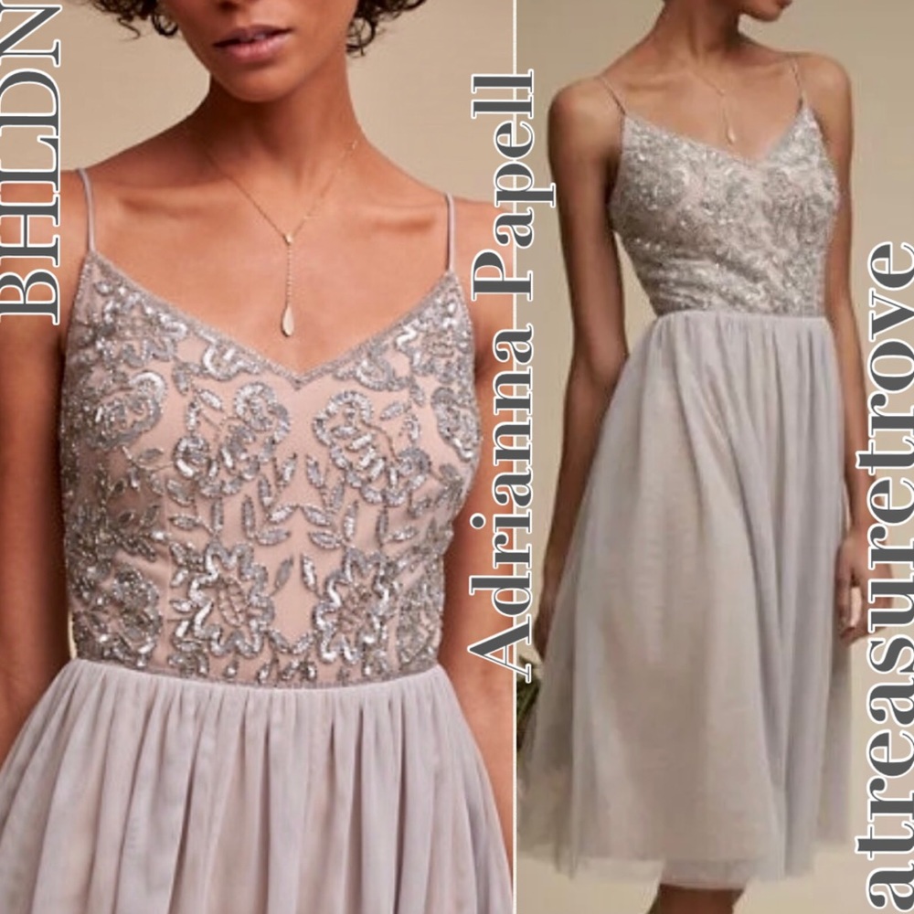 Adrianna Papell BHLDN Bellina Gray Beaded Bodice Embellished Tulle Skirt Formal